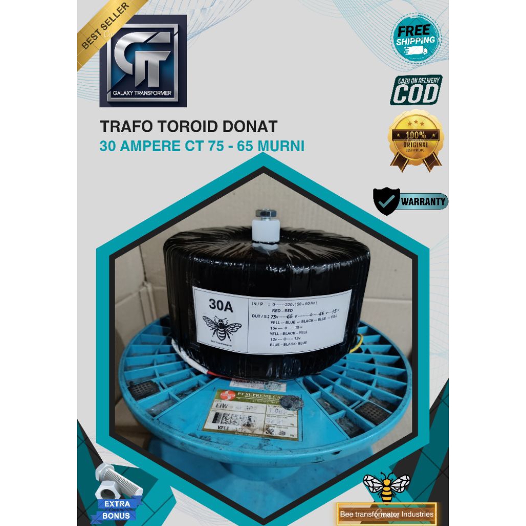 trafo toroid donat 30A CT 75V - 65V murni