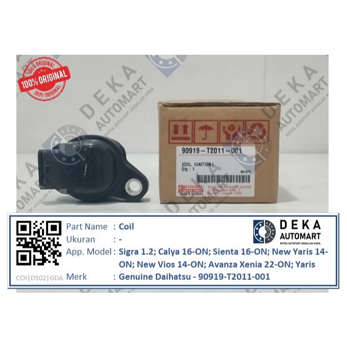 Coil Genuine Daihatsu untuk Sigra 1.2; Calya 16-ON; Sienta 16-ON; New Yaris 14-ON; New Vios 14-ON; A