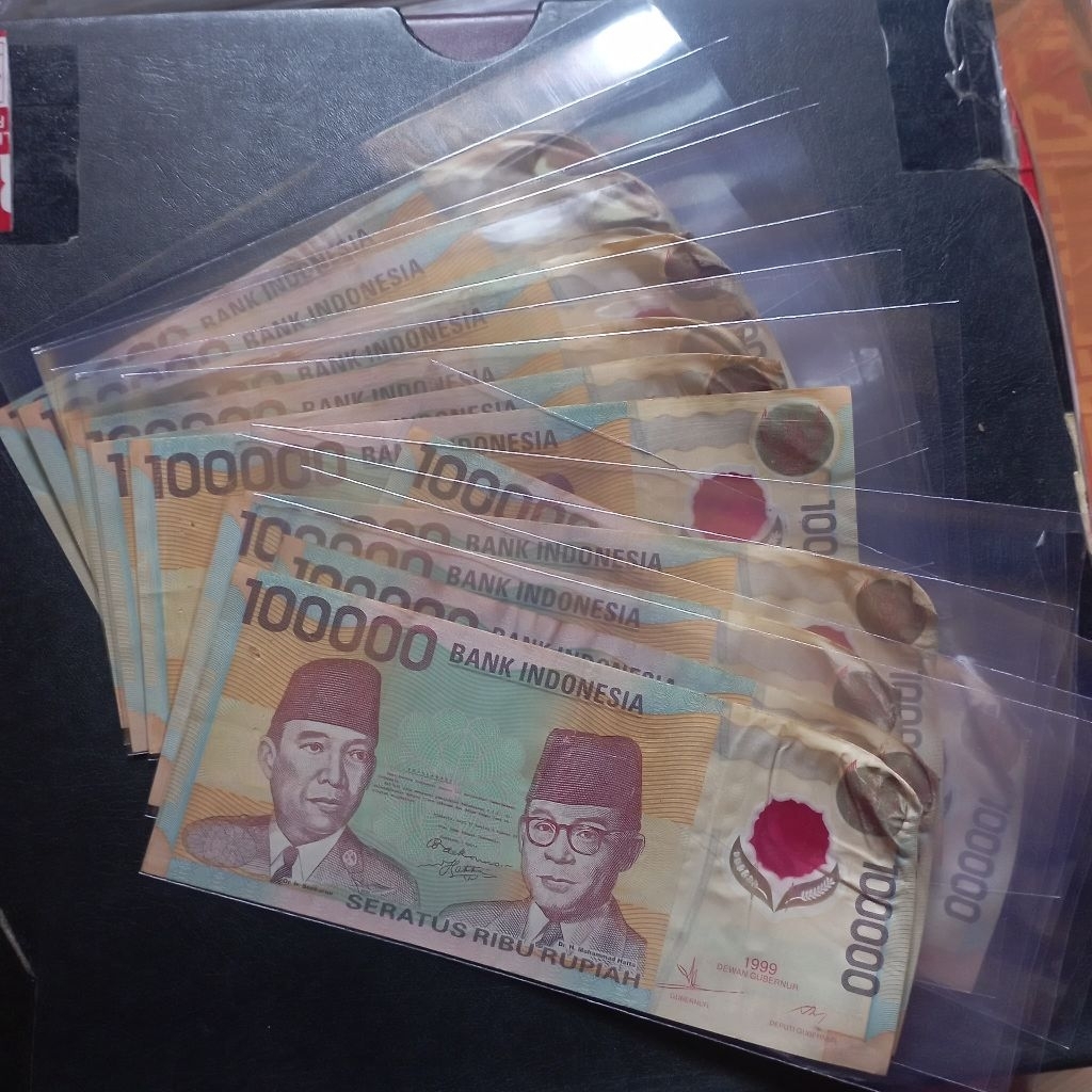 100000 ribu rupiah polymer Sukarno Hatta tahun 1999 bekas jelek asli