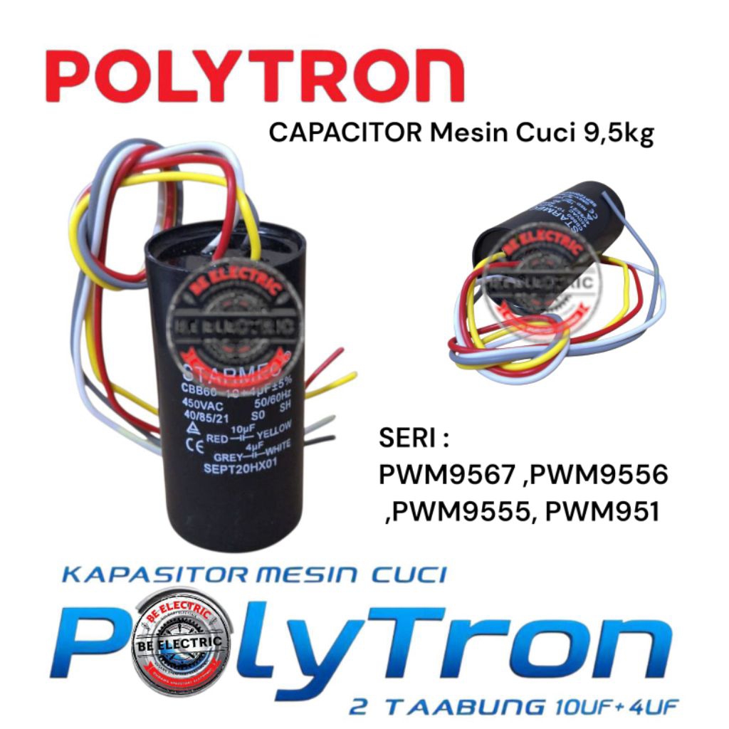 10UF+4UF CAPACITOR MESIN CUCI POLYTRON 2 TABUNG 9,5 PWM9567 PWM9556 PWM9555 PWM951 KAPASITOR POLYTRO