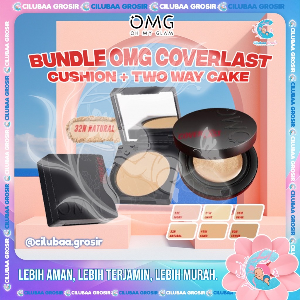 BUNDLE OMG Oh My Glam Coverlast Cushion 15g + Two Way Cake 12gr || Bedak Padat Kontrol Minyak Hingga