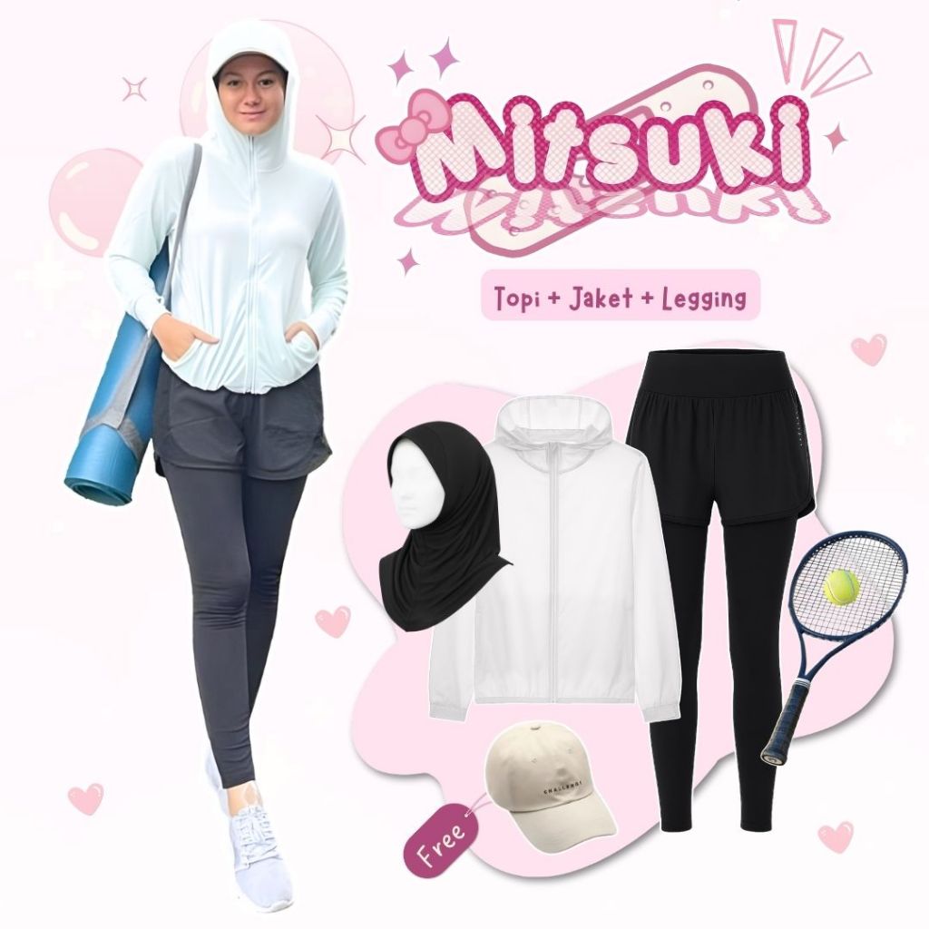 oneset 3in1 jaket anti uv + legging + jilbab bergo | baselayer midlayer olahraga gym mendaki hiking 