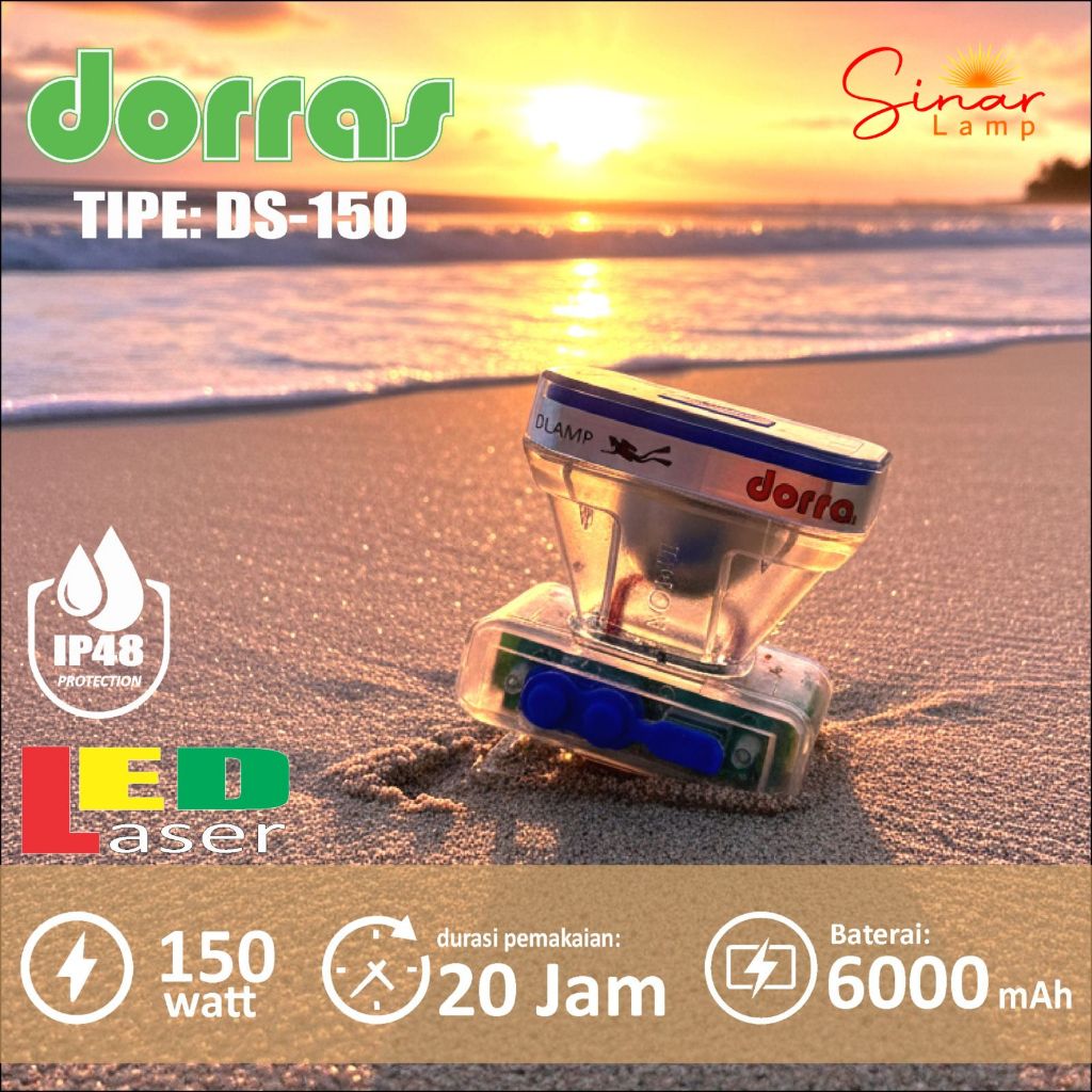 Senter kepala selam Dorras DS 150 150watt ABS Premium LED Laser 6000Mah Baterai tahan lama