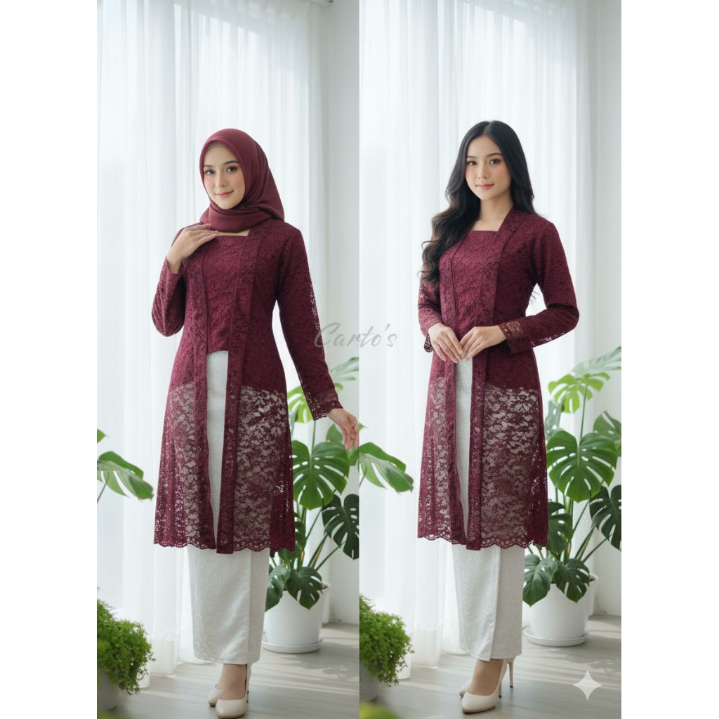 Kebaya Brokat Outer Panjang Maroon – Setelan Kebaya Modern Simple Elegan Untuk Pesta & Wisuda