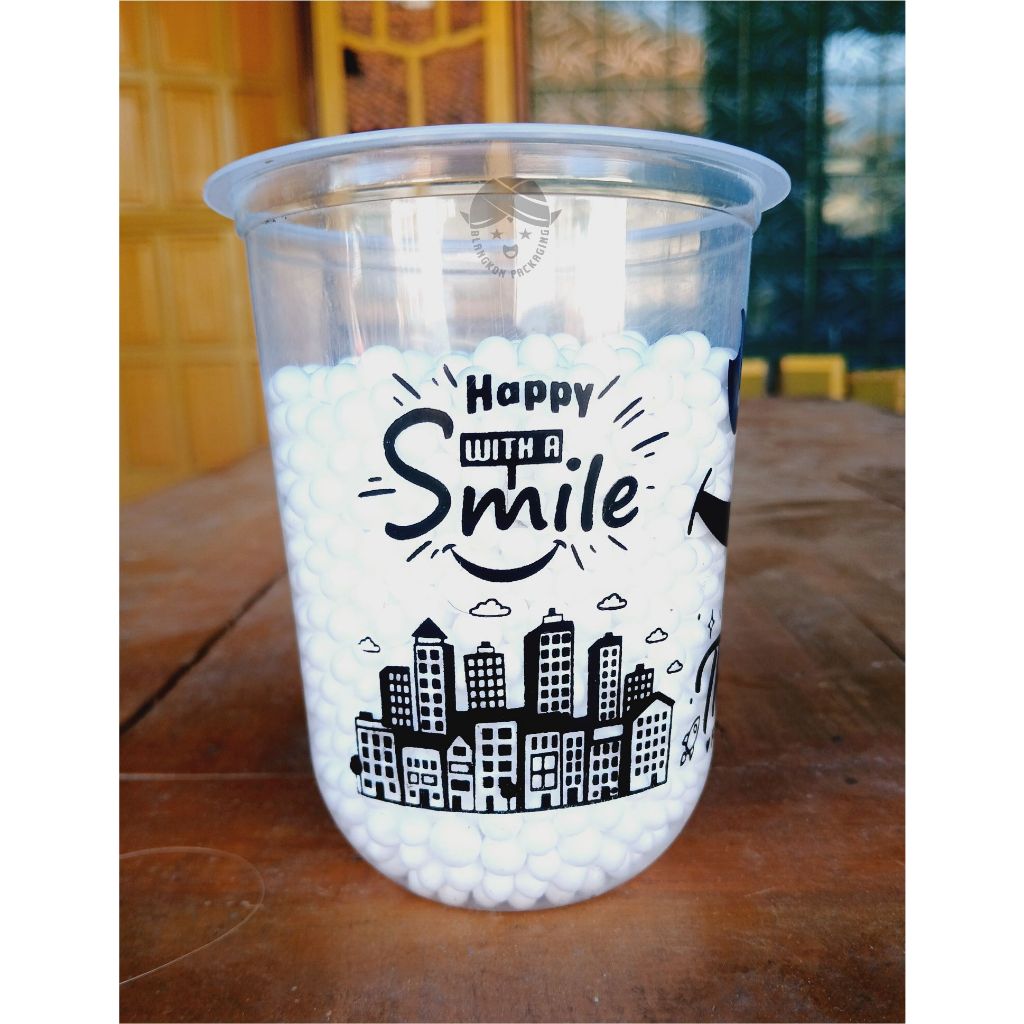 Soreshop_ Gelas Cup Plastik Motif Smile 14Oz 16Oz 18Oz 22Oz Oval Datar/ Cup Boba / Sedotan Boba
