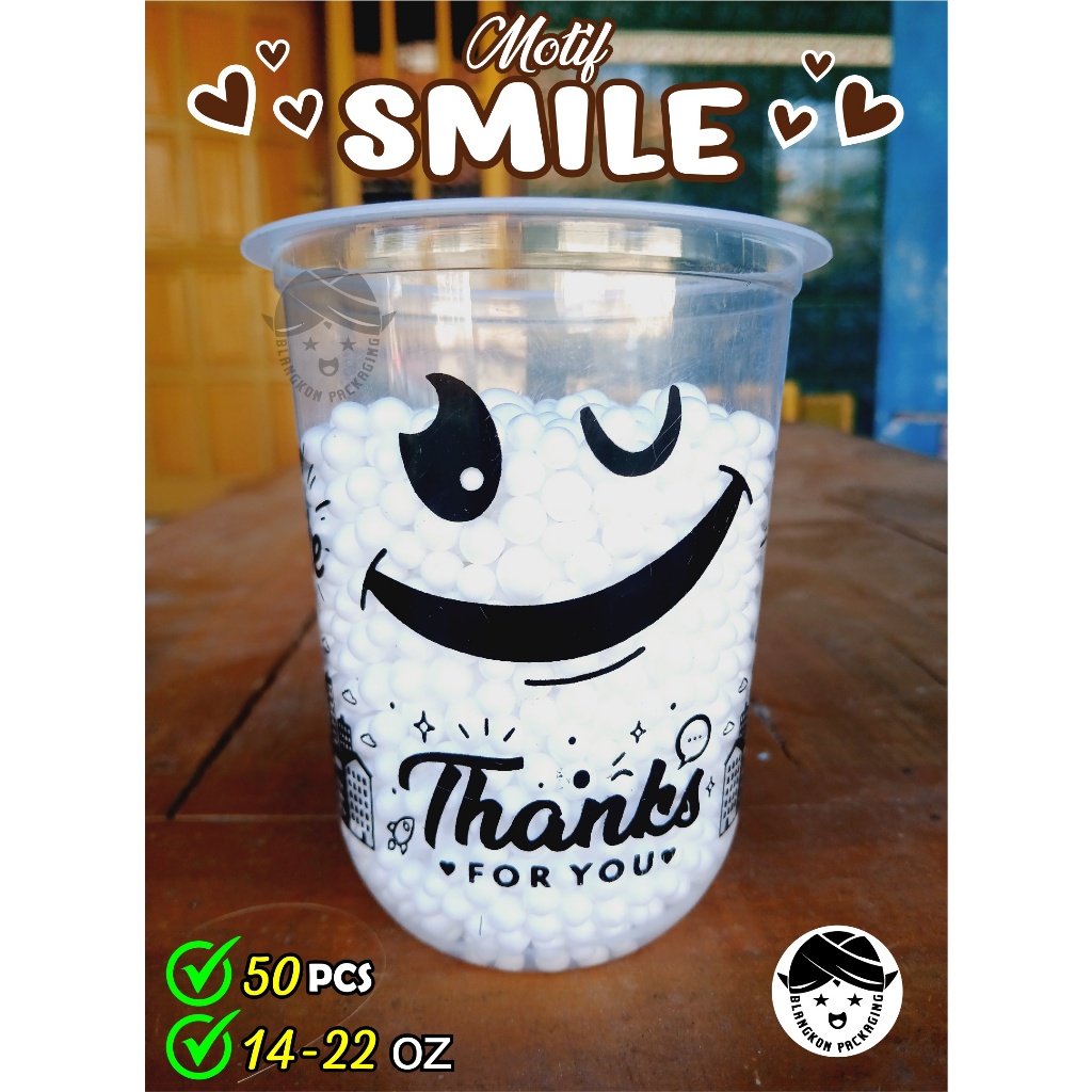 gelas cup plastik MOTIF SMILE 14oz 16oz 18oz 22oz oval datar/ cup boba / sedotan boba bubble