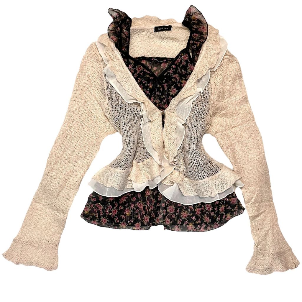 Fairycore Soft Knit Ruffle Cream V Neck Dollette Cardigan | coquette bohemian rajut whimsical boho y