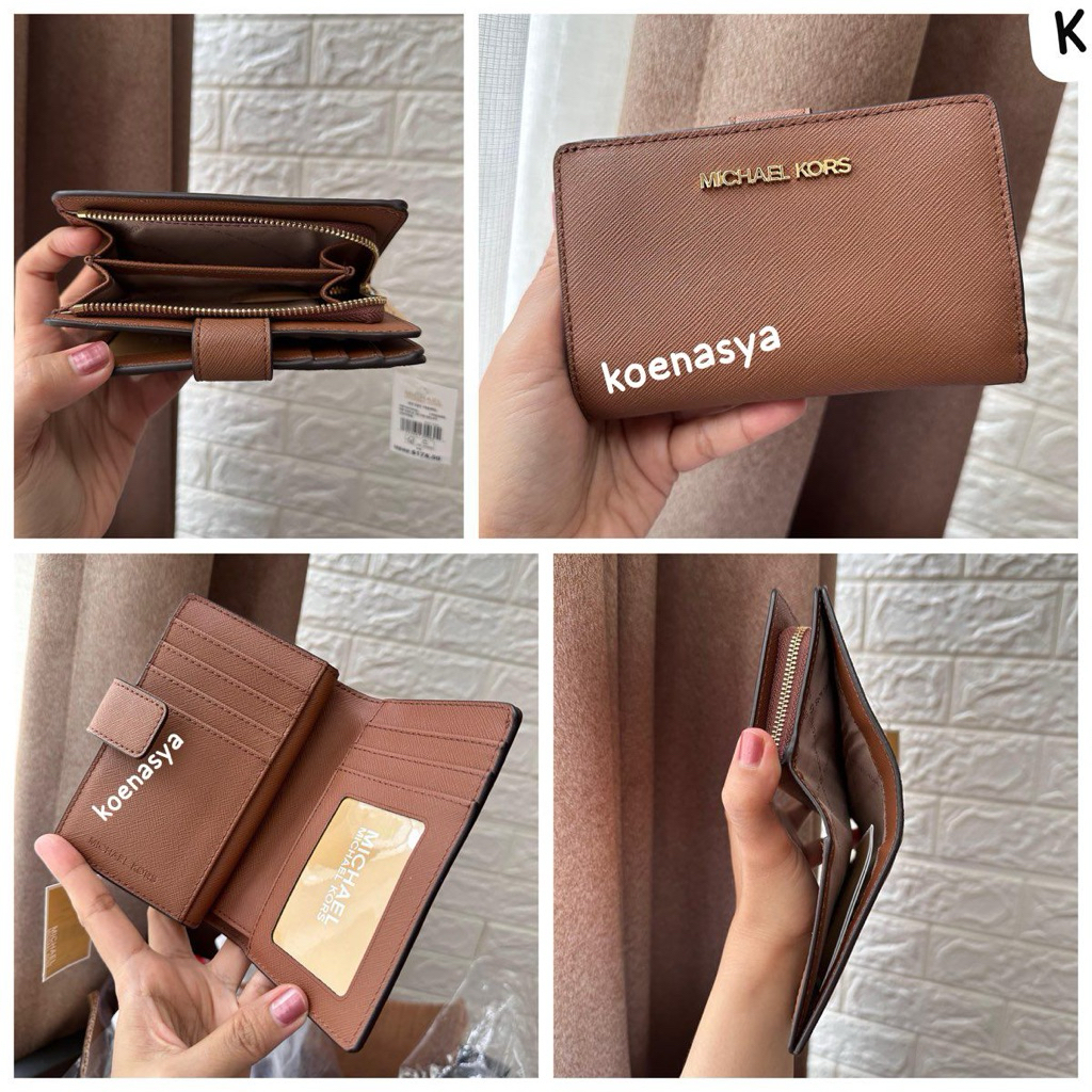 dompet wanita original mk jet set travel md bifold zip coin wallet luggage brown new (kurleb 13.5 x 