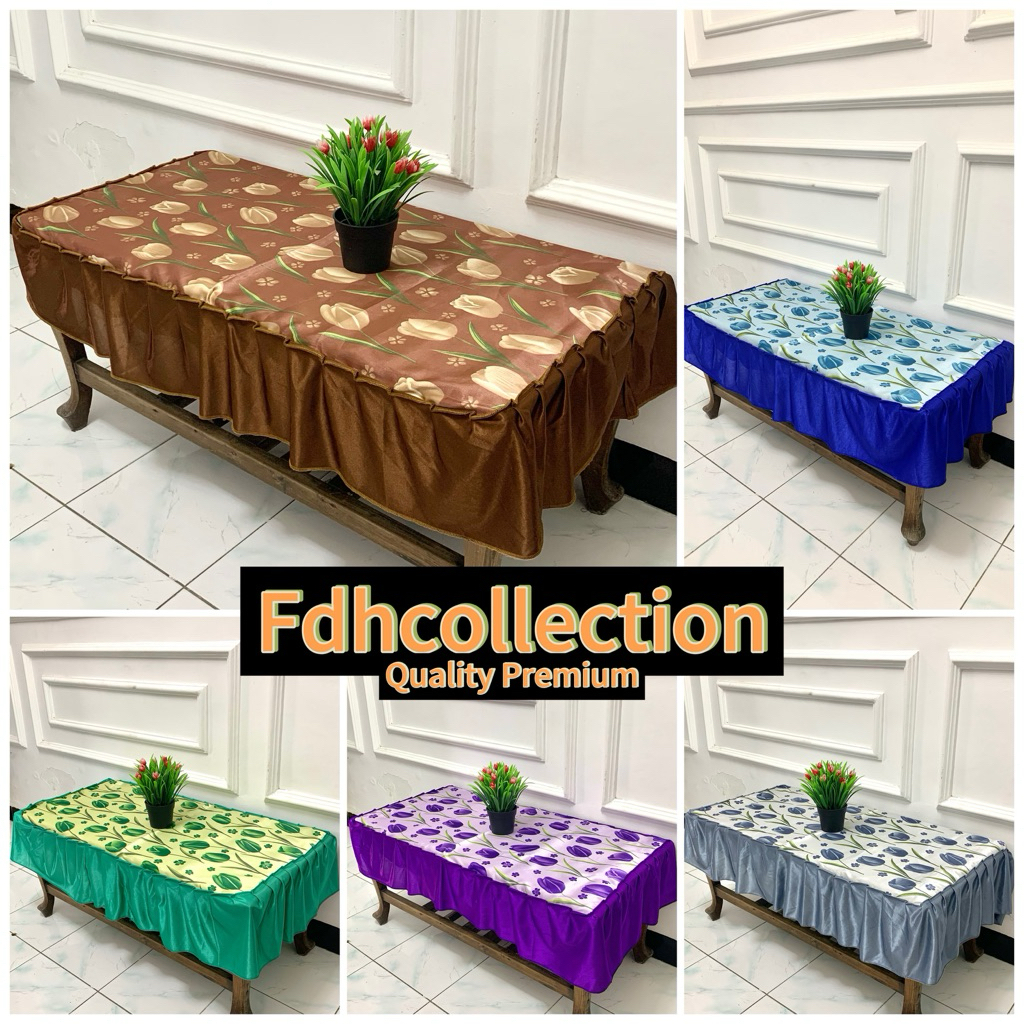 Taplak Meja Ruang Tamu Rumbai Motif Bunga Tulip /Taplak Meja Tamu Kain Persegi Panjang