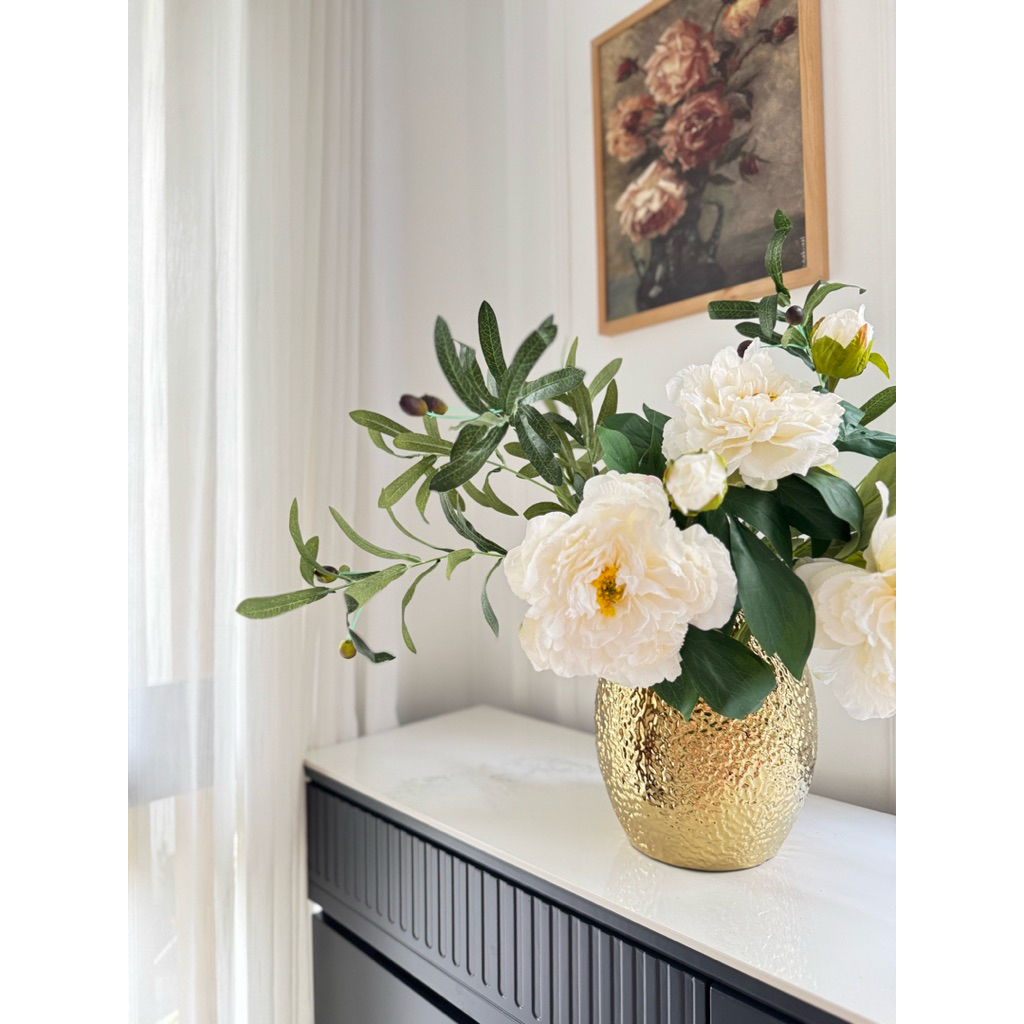 Full Set Vas Bunga Keramik Zurich & Rangkaian Bunga Peony Premium