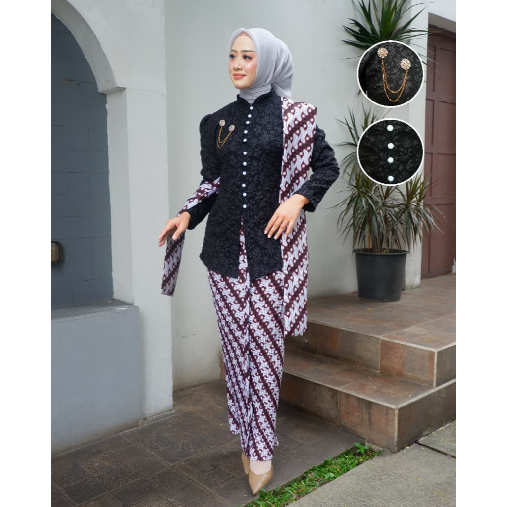 Kebaya Encim Jaguar Rok Prisket Wiru batik + Selendang setelan kebaya kebaya modern Kebaya Encim