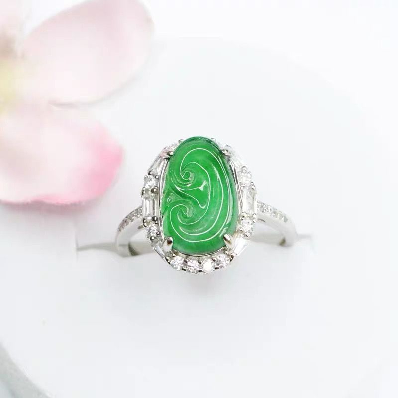 [212] FEATHER HONGKONG - Cincin S925 Silver with natural jadeite ice green Ruyi ring with certificat