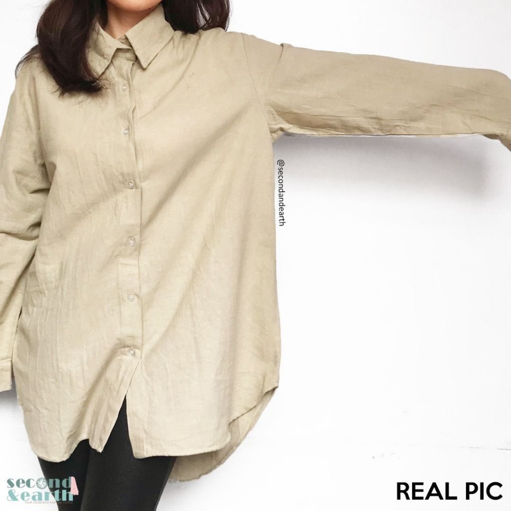 LIKE NEW Seminggu Oversized Kemeja Lengan Panjang [Freesize LD>100 fits XS-L] Linen Agak Kaku Full K
