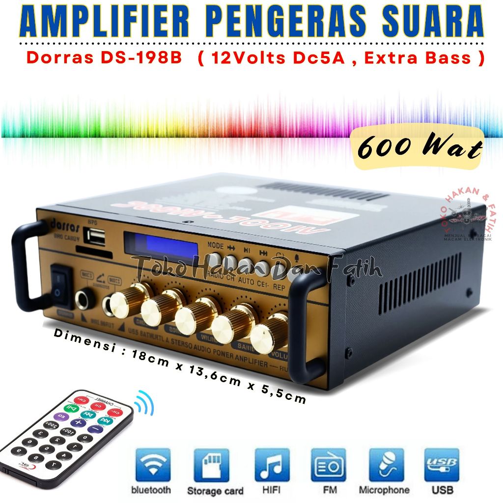 Termurah | Power amplifier pengeras suara DORRAS DS-198B , 300w + 300w Memiliki 2 colokan mic Untuk 
