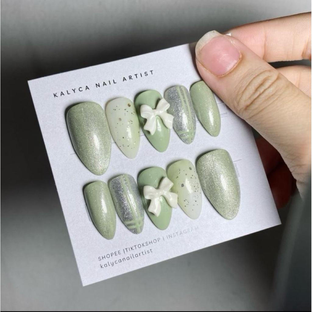 Sage Green Fancy Nails | Fake Nails | Kuku Palsu | Press On Nails
