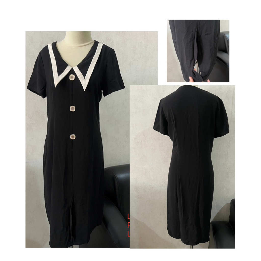 Midi dress katun kerah sailor warna hitam size M