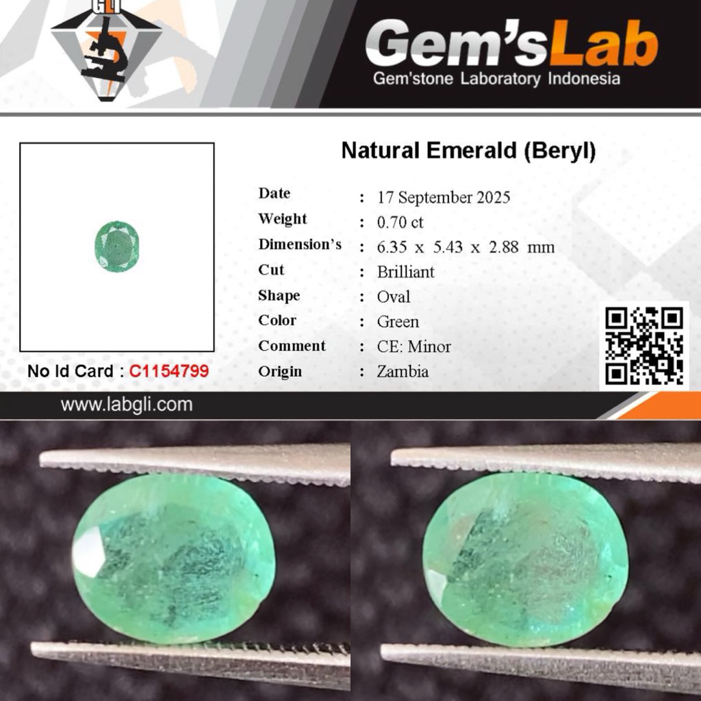0,70 cts Natural Emerald Beryl / Zamrud origin Zambia Ce Minor Memo GLI