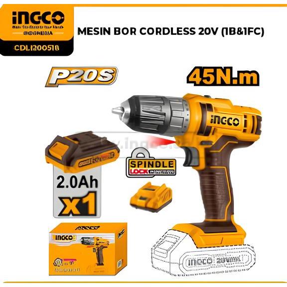 INGCO CDLI205582 Compact Brushless Cordless Drill 20V Industrial – Bor Baterai Brushless