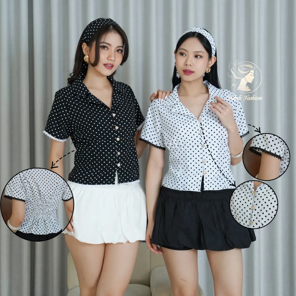 Polen Crop Shirt Polkadot / Polen Crop Shirt Polkadot Atasan Blouse Wanita Top