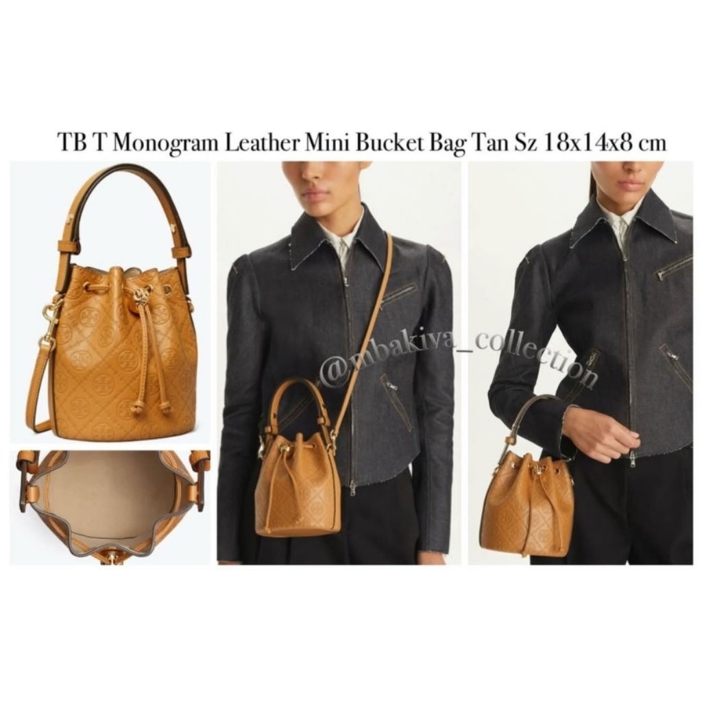 TB T Monogram Leather Mini Bucket Bag Tan