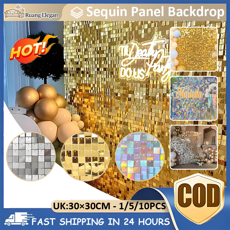 1/5/10-PCS-30X30CM Sequin PanelBackdropTile Wall Panel Square DindingPestaTahun Lamaran Estetik