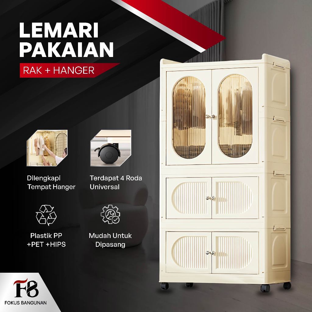 Lemari Pakaian Plastik Rak Susun Serbaguna Buku Sepatu Lipat Portable Kuat ada Roda A18531