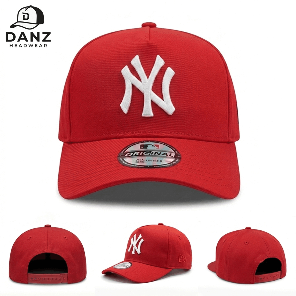 Topi Logo NY Putih Bahan Merah - Snapback Caps A-Frame Catton High Quality Premium