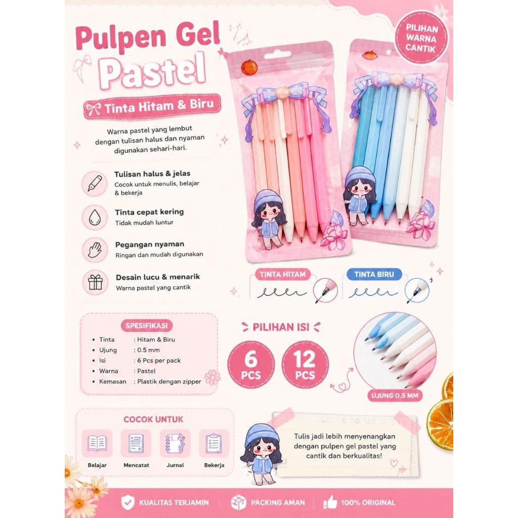 Pulpen Gel Pastel Estetik 0.5 mm – Tinta Hitam isi 6 pcs