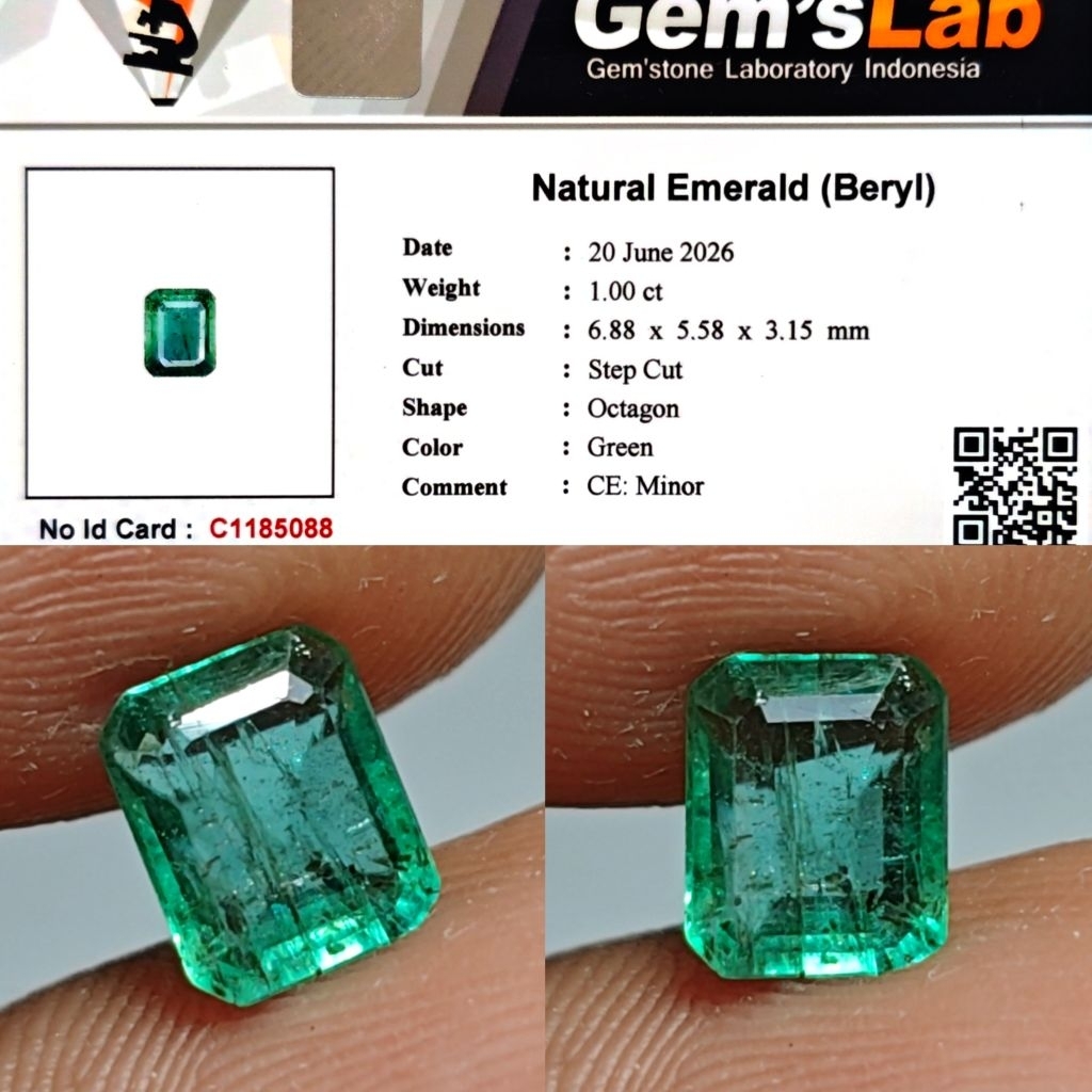 Natural Emerald Minor Zamrud Minor 1.00ct GLI Material Crystall Nice Color Good Luster Body Kaca Met