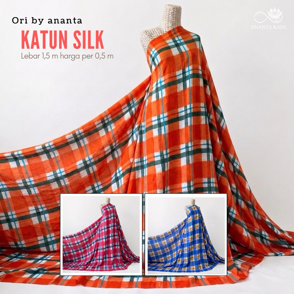Kain Katun Silk Motif Kotak Terbaru warna merah biru orange- Bahan Katun Halus Premium Per 0,5 Meter