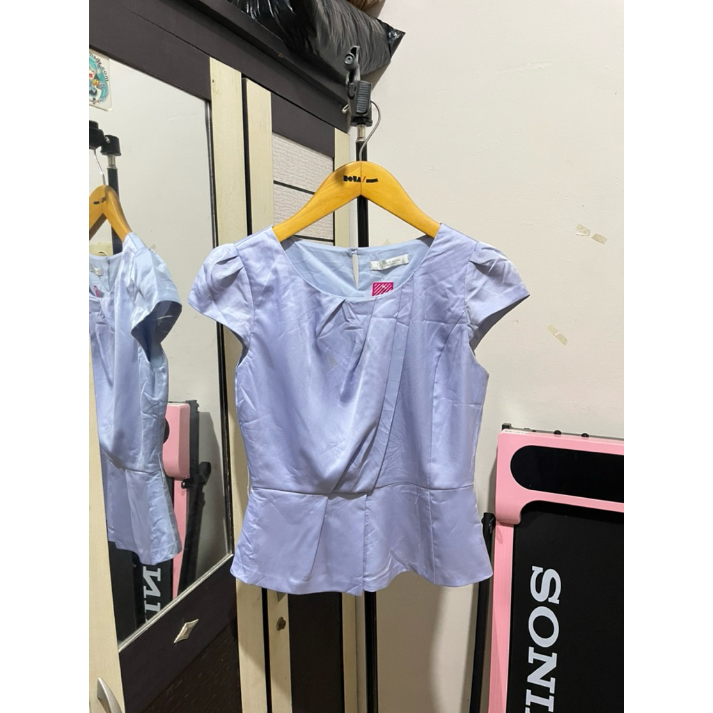 blouse blue ice satin korean style slimfit baju atasan top wanita murah cantik