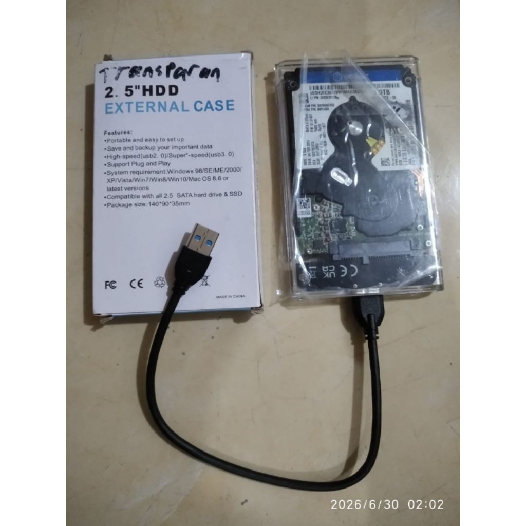Hardisk Eksternal 1 Tera, Merek WD, centinel90%, usb 3.0, Casing Transfaran, Normal, Lancar..