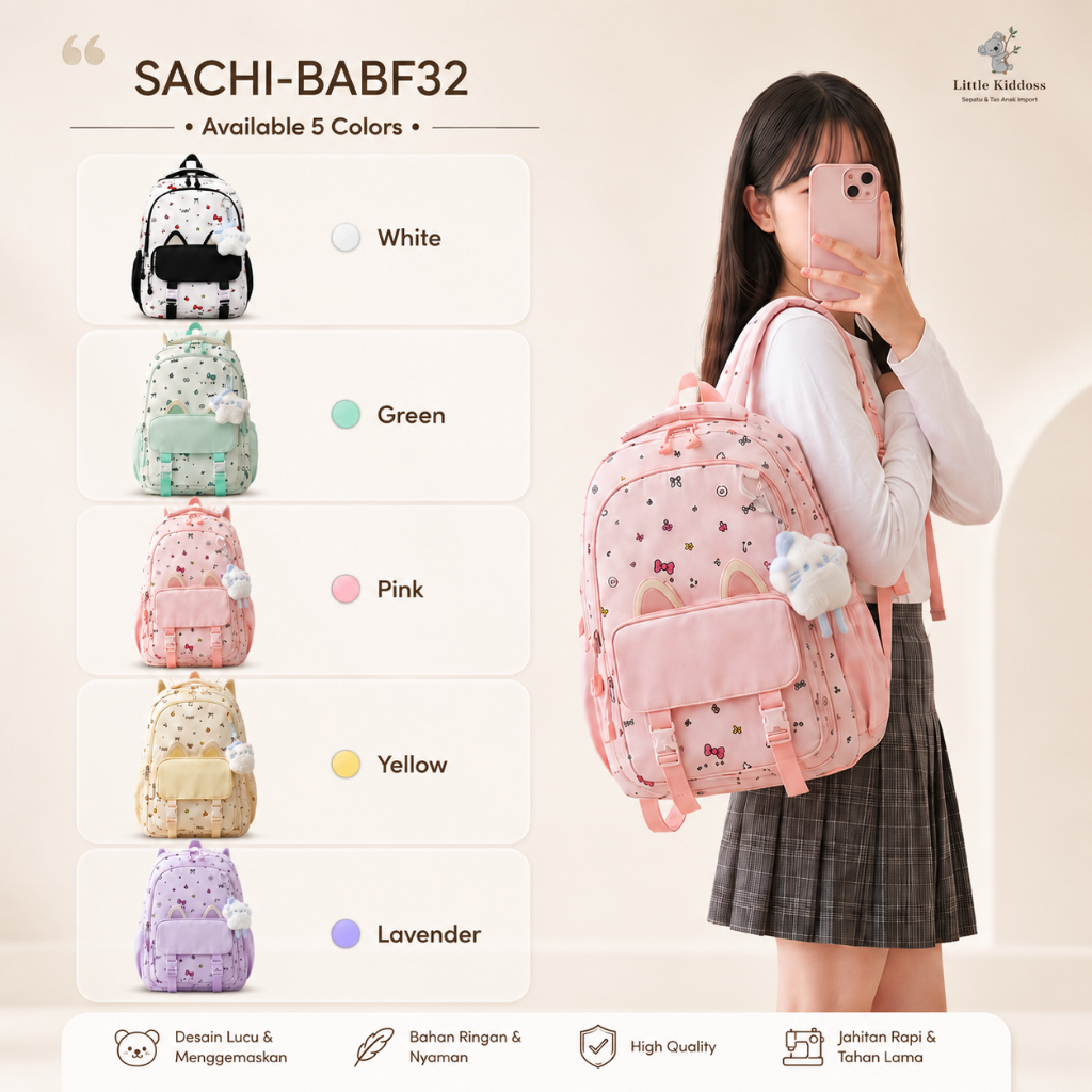 SACHI-BABF32 Tas ransel anak perempuan motif kucing lucu Tas sekolah SD SMP SMA kapasits besar anti 