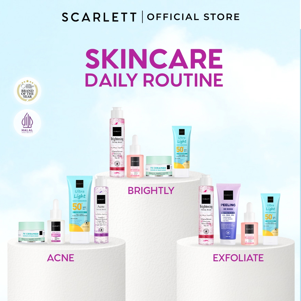 Scarlett Whitening 4pcs Skincare Daily Routine ( Acne, Brightly, Exfoliate )