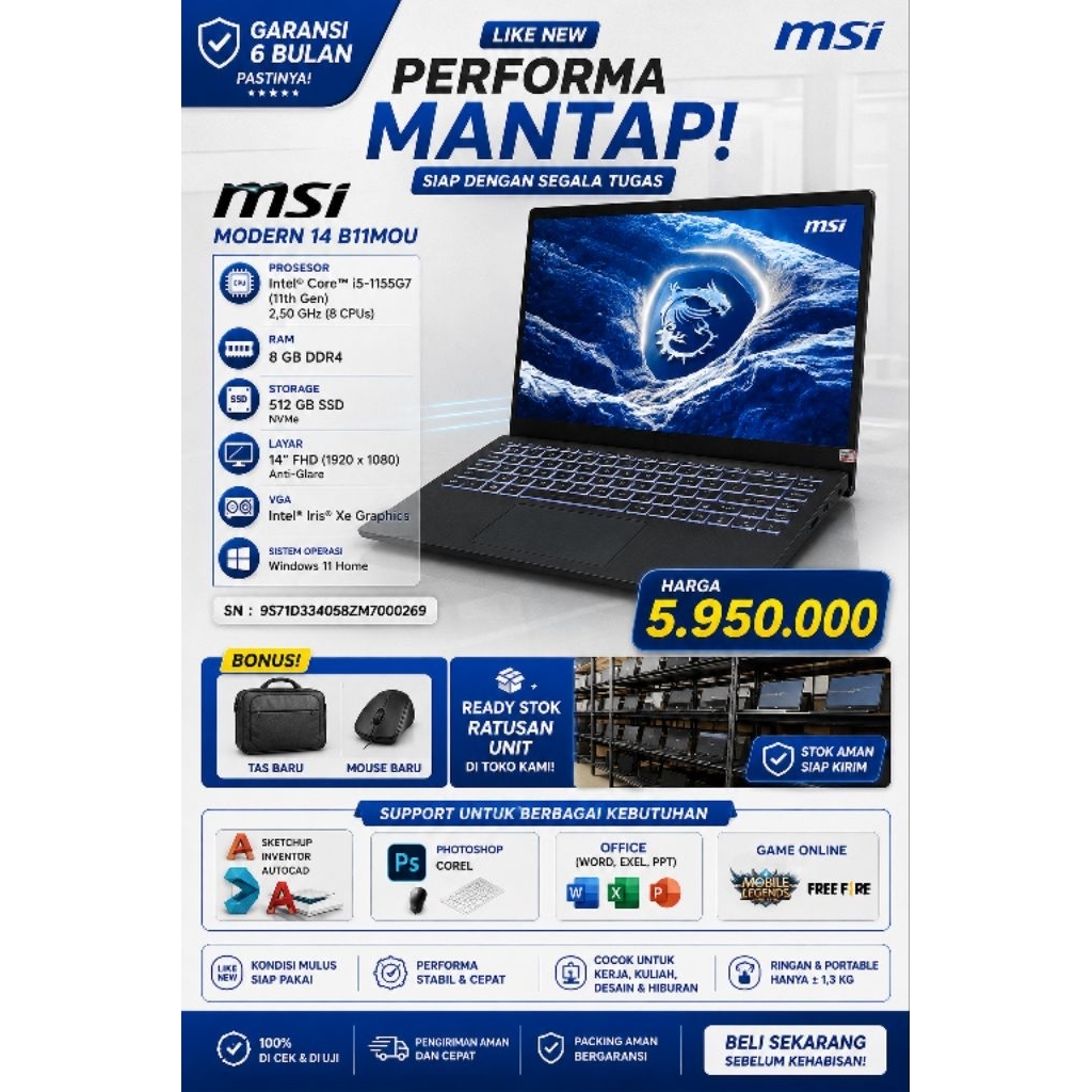 Laptop MSI MODERN 14 B11MOU Bonus tas dan Mouse baru