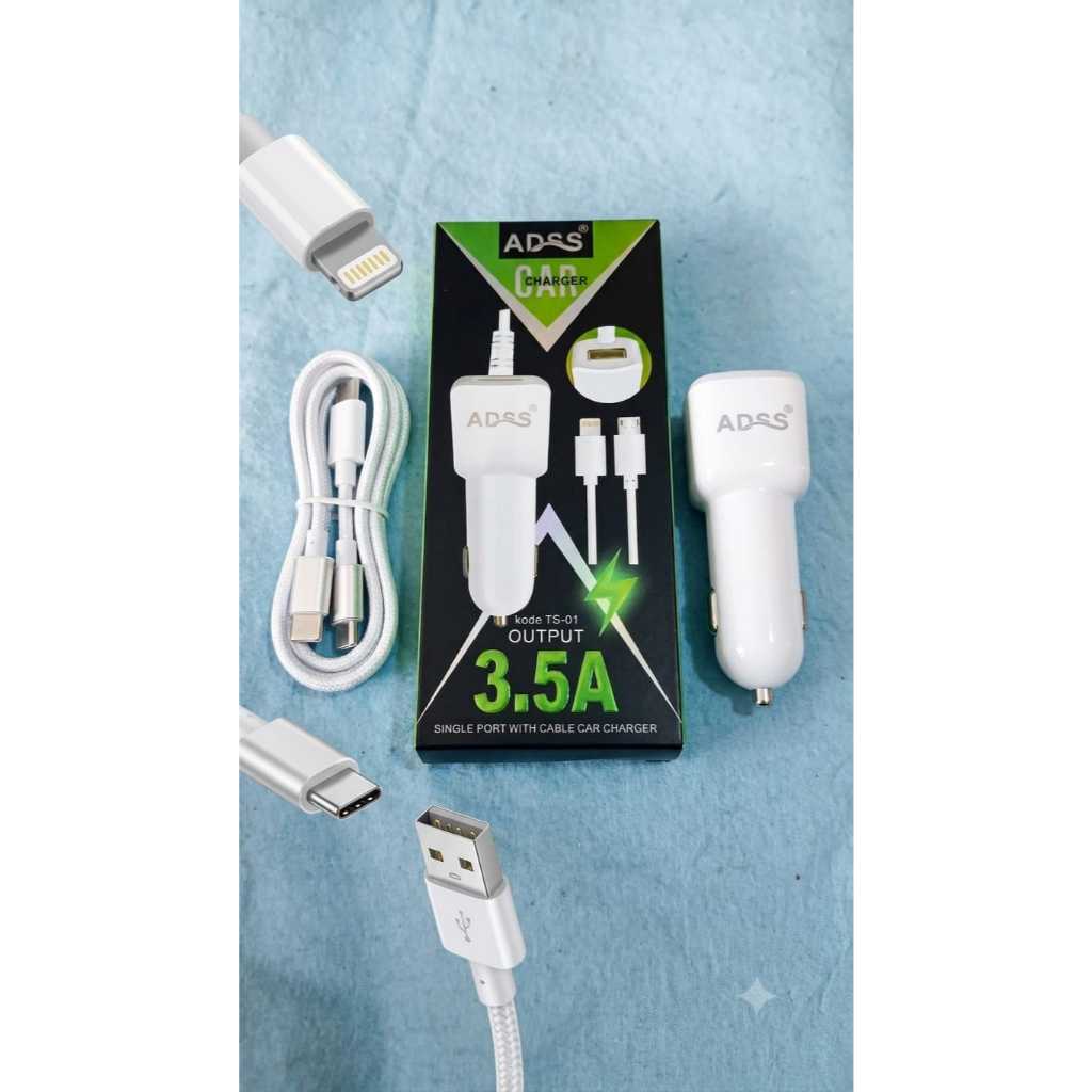 ADAPTOR ADSS SAVER 3.5A 3IN1 ORI 100% 3A CAR CHARGER SPIRAL SPRING TRAVEL ADAPTER CAS CASAN MOBIL US