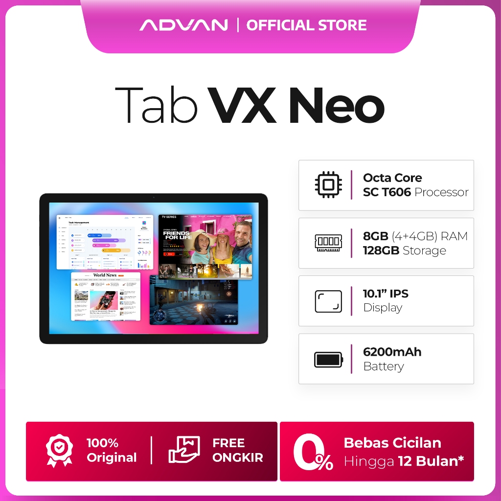 [SPL CICILAN 0%] ADVAN Tab VX Neo | Dual SIM Card 4G LTE | 4GB+4GB/128GB | 10.1" IPS Screen | 6200 m