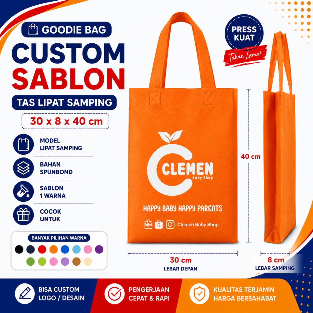 SABLON TAS SPUNBOND CUSTOM ukuran 30x8x40 Free Sablon Free Desain cocok untuk souvenir, tas tahlilan
