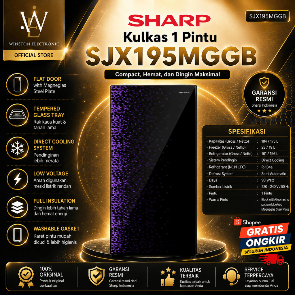 KULKAS SHARP 1 PINTU SJX195MGGB 128L/SJX-195MGGB/SJX 195MGGB/SHARP KULKAS 1 PINTU ORIGINAL GARANSI