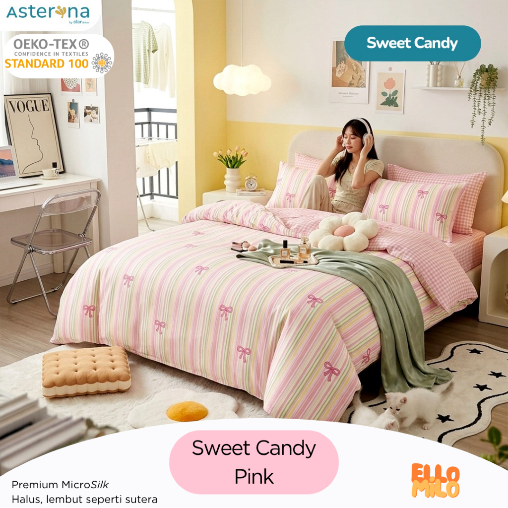 Sprei Set Pita Hati | Katun STAR Lokal Microsilk | Sprei Double Karet Anti Geser | ElloMilo Sprei & 