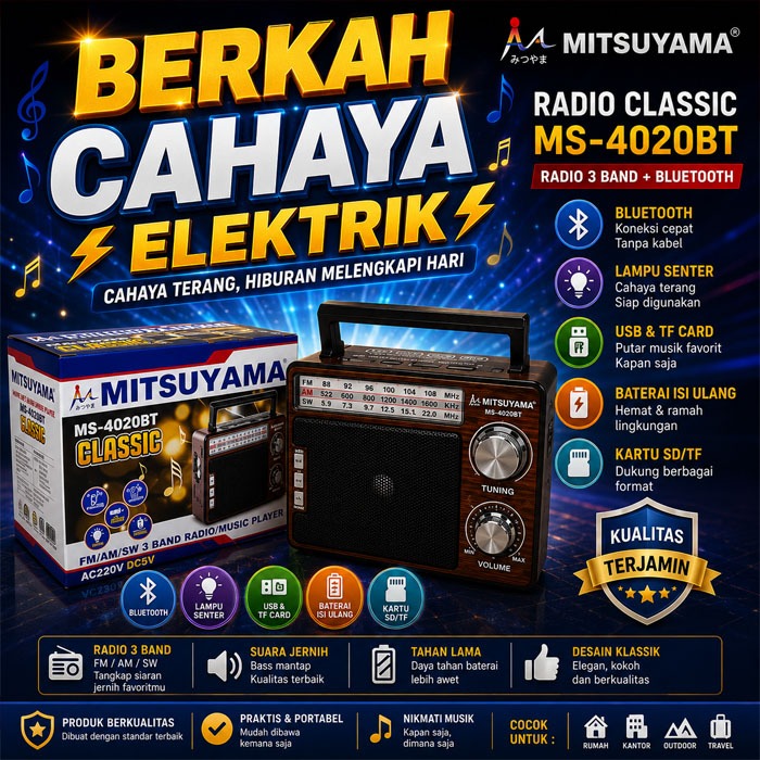 Radio FM AM Bluetooth USB Senter Mitsuyama MS-4020BT Classic//RADIO MITSUYAMA MS-4020BT CLASSIC