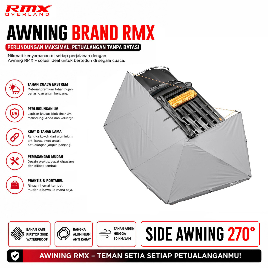 RMX Overland Awning / Tenda Samping Mobil Import Premium Waterproof 280GSM UV50+ 270° With Led