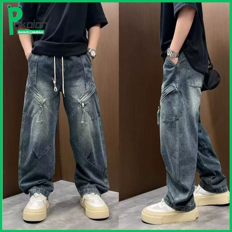Celana jeans pria Celana panjang pria Celana panjang pria longgar Celana panjang pria gaya Korea Cel