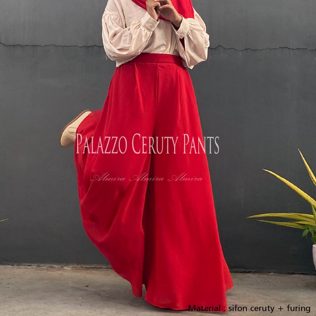 Celana Kulot Panjang Mayung Lebar Sifon Ceruty Palazzo Pants Merah Putih Seragam Agustusan