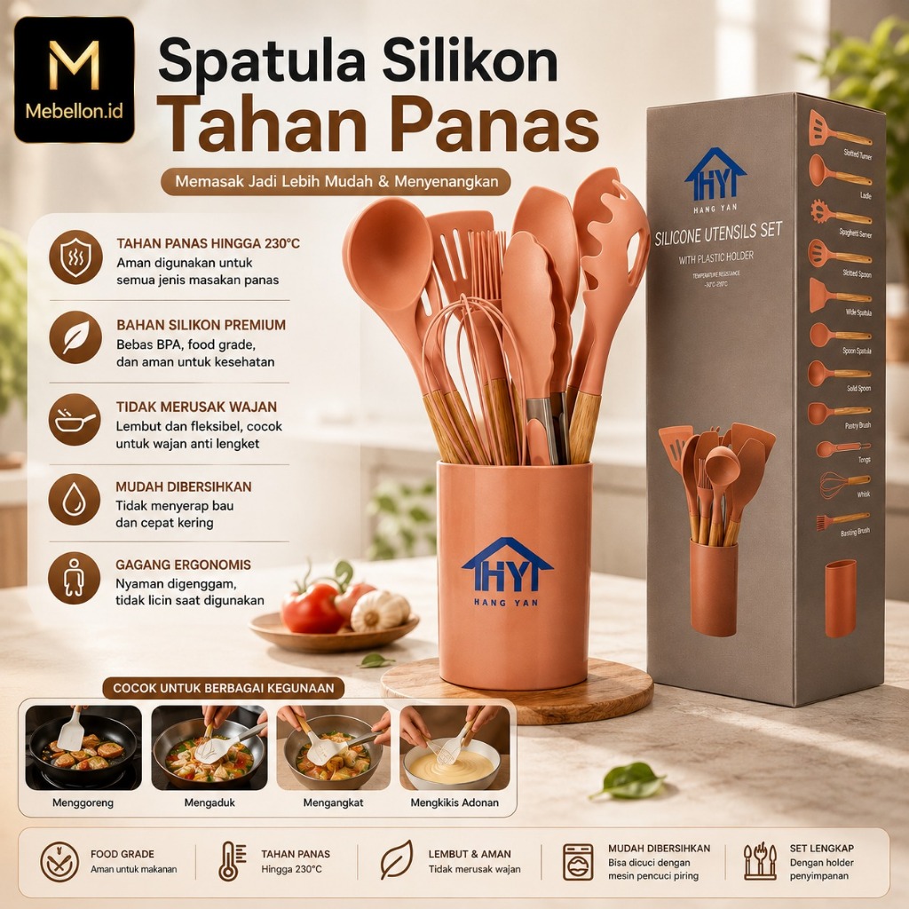 Mebellon Spatula Silikon 12in1 Set Sepatula Peralatan Dapur Masak Sutil Cooking Set Tahan Panas