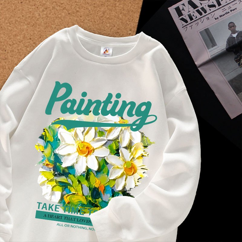 Korean Premium - Kaos Wanita Oversize Lengan Panjang Tangan Karet Motif Bunga Daisy Painting Korean 
