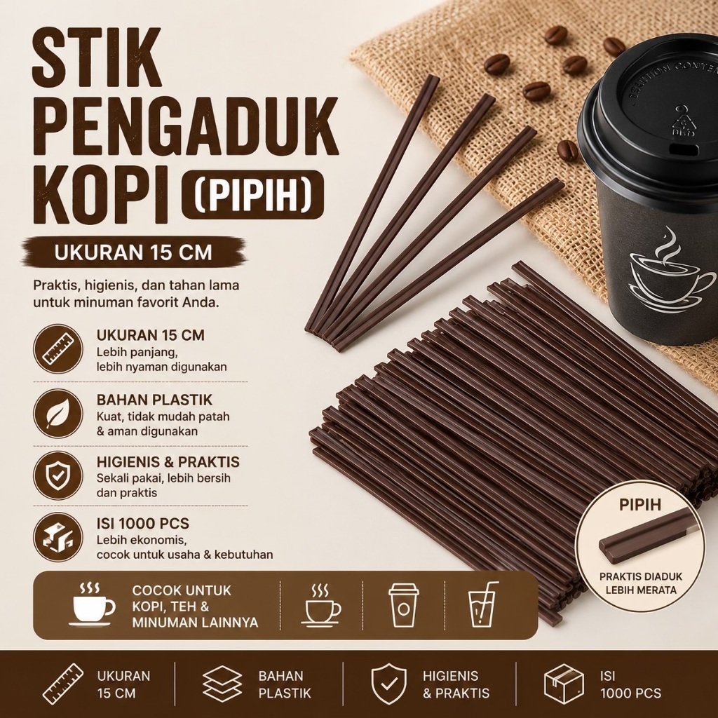 Sedotan Pipih Kopi / Stirer Kopi UK 15 CM isi 1000 pcs Adukan Kopi