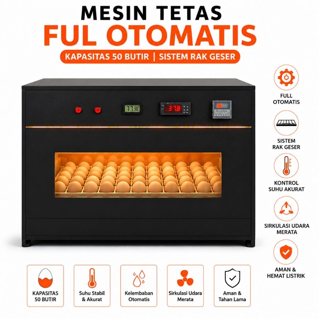 Mesin Tetas Telur Full Otomatis 50 Butir Rak Geser | Inkubator Telur Ayam Kampung, ELBA, Bebek & Puy