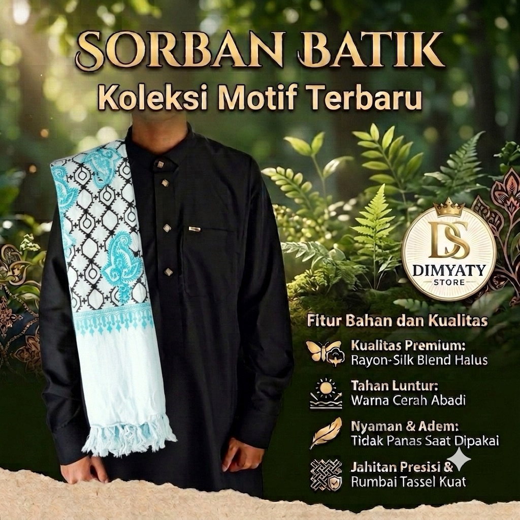 Sorban Rida Panjang 2 Meter / Sorban Motif Batik Kashmiri / Sorban Putih Selendang