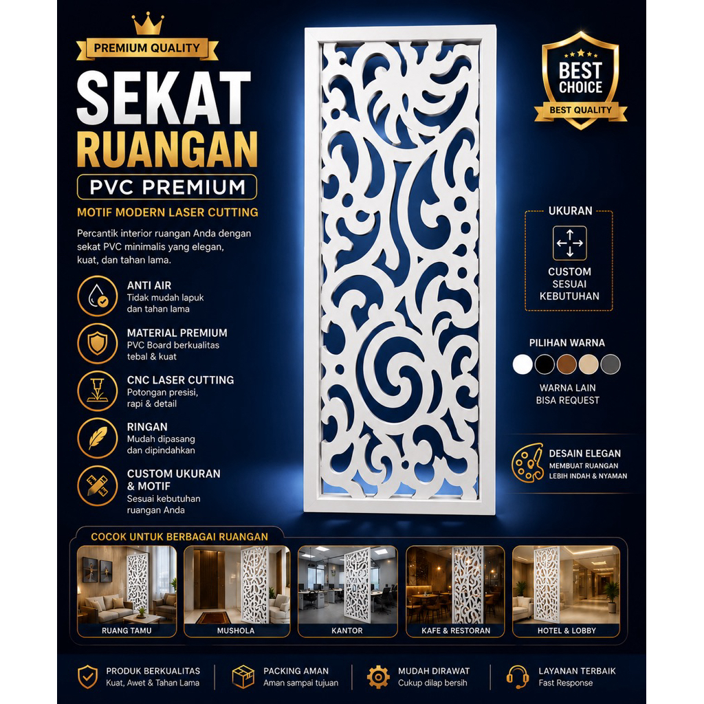 Sekat Ruangan PVC Custom Motif Krawangan Premium | Partisi Ruang Tamu Masjid Minimalis | Ornamen Din